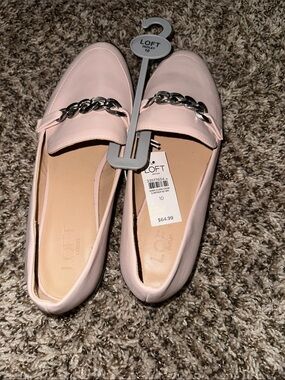 LOFT Pale Pink Leather Loafers with Silver Chain